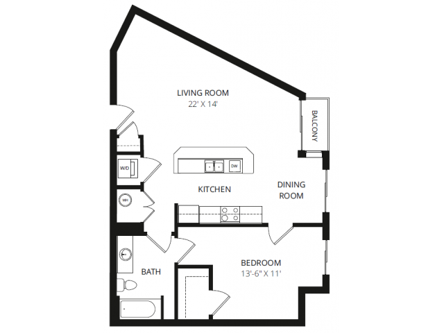 Floor plan for 1 bed, 1 bath, 745 sqft